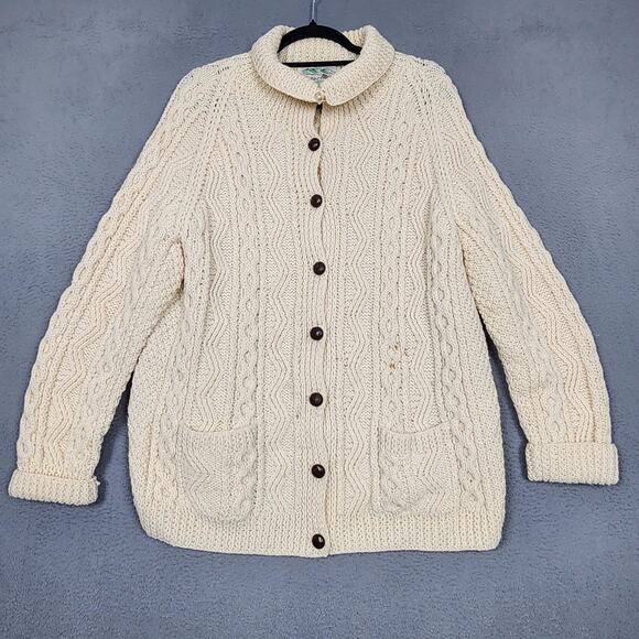 Vintage Barnas Mor Cardigan Sweater Womens XL Ivory Wool Irish Aran Cable 80s - Picture 1 of 10